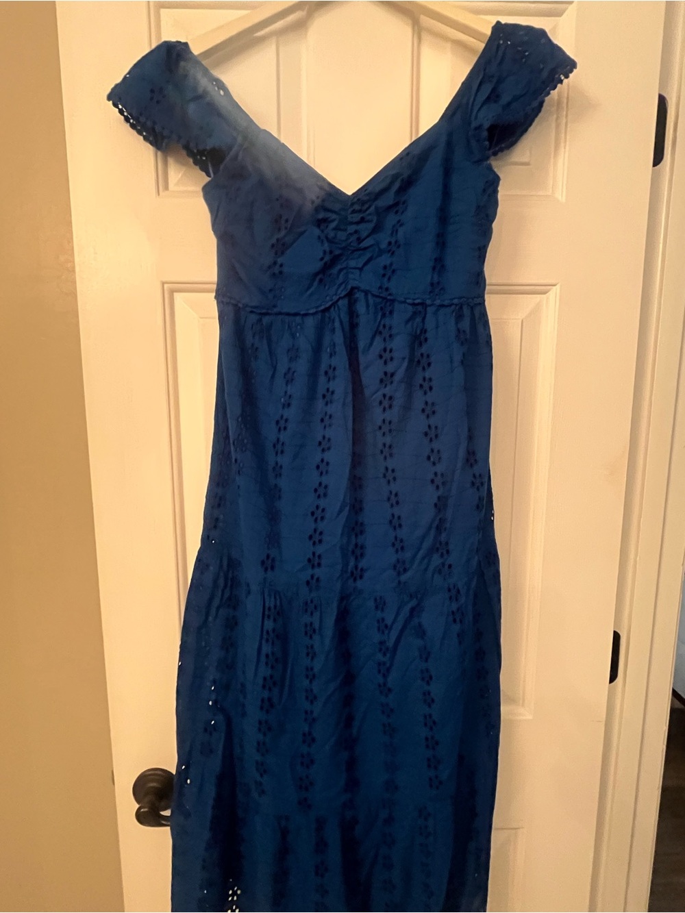 Royal Blue Eyelet Maxi Dress - Elegant Off-Shoulder or on shoulder Style